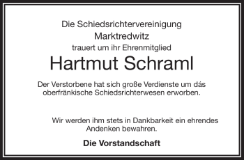 Traueranzeige von Hartmut Schraml von Frankenpost