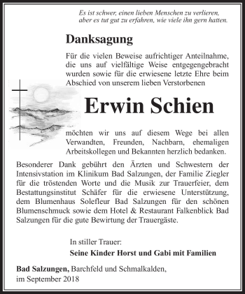 Traueranzeige von Erwin Schien von Südthüringer Presse