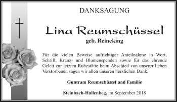 Traueranzeige von Lina Reumschüssel von Südthüringer Presse