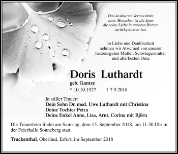 Traueranzeige von Doris Luthardt von Südthüringer Presse