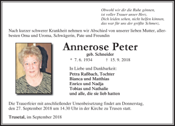 Traueranzeige von Annerose Peter von Südthüringer Presse