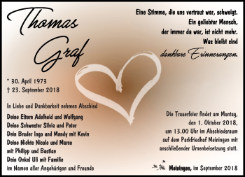 Traueranzeige von Thomas Graf von Südthüringer Presse
