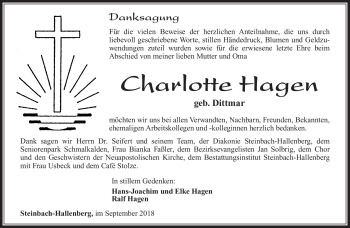 Traueranzeige von Charlotte Hagen von Südthüringer Presse