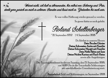 Traueranzeige von Roland Schellenberger von Südthüringer Presse