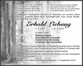 Traueranzeige von Erhold Liebaug von Südthüringer Presse