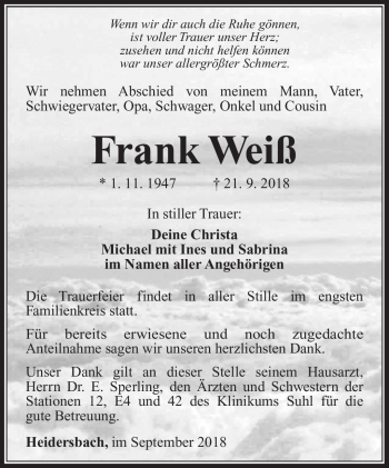 Traueranzeige von Frank Weiß von Südthüringer Presse