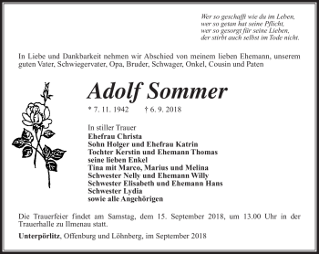 Traueranzeige von Adolf Sommer von Südthüringer Presse