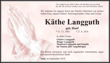 Traueranzeige von Käthe Langguth von Südthüringer Presse
