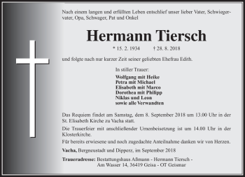 Traueranzeige von Hermann Tiersch von Südthüringer Presse