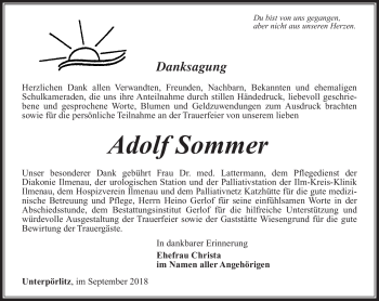 Traueranzeige von Adolf Sommer von Südthüringer Presse