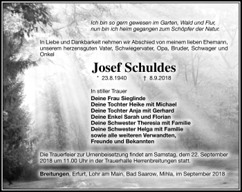 Traueranzeige von Josef Schuldes von Südthüringer Presse
