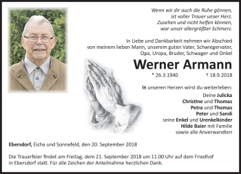 Traueranzeige von Werner Armann von Neue Presse Coburg