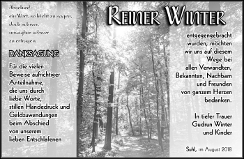 Traueranzeige von Reiner Winter von Südthüringer Presse