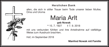 Traueranzeige von Maria Arlt von Frankenpost