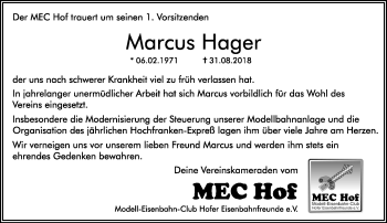 Traueranzeige von Marcus Hager von Frankenpost