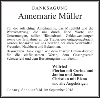 Traueranzeige von Annemarie Müller von Neue Presse Coburg