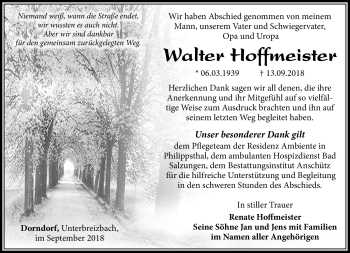 Traueranzeige von Walter Hoffmeister von Südthüringer Presse