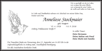 Traueranzeige von Anneliese Stockmaier von Frankenpost