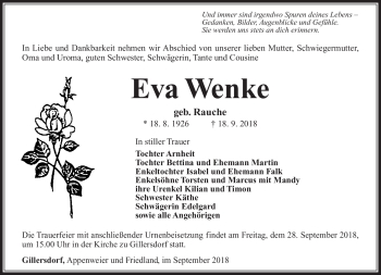 Traueranzeige von Eva Wenke von Südthüringer Presse
