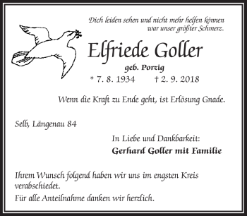 Traueranzeige von Elfriede Goller von Frankenpost