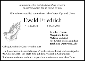 Traueranzeige von Ewald Friedrich von Neue Presse Coburg