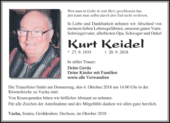 Traueranzeige von Kurt Keidel von Südthüringer Presse