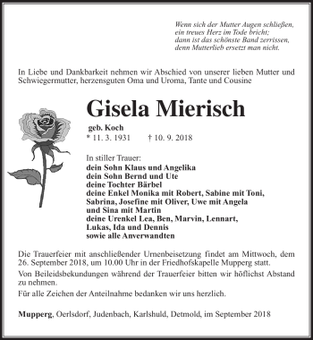 Traueranzeige von Gisela Mierisch von Südthüringer Presse