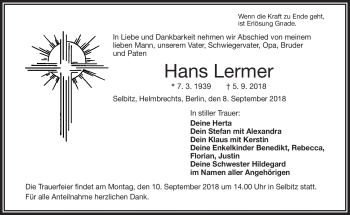 Traueranzeige von Hans Lermer von Frankenpost