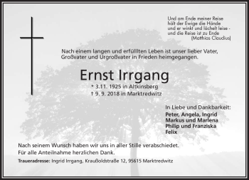 Traueranzeige von Ernst Irrgang von Frankenpost