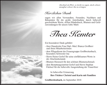 Traueranzeige von Thea Kemter von Südthüringer Presse