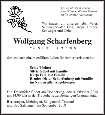 Traueranzeige von Wolfgang Scharfenberg von Südthüringer Presse