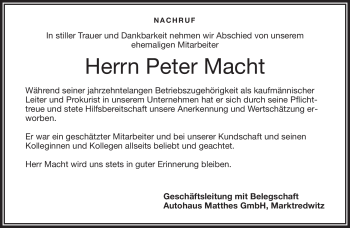 Traueranzeige von Peter Macht von Frankenpost