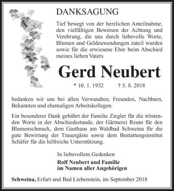 Traueranzeige von Gerd Neubert von Südthüringer Presse