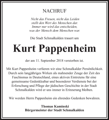 Traueranzeige von Kurt Pappenheim von Südthüringer Presse