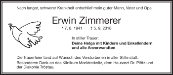 Traueranzeige von Erwin Zimmerer von Frankenpost