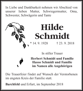 Traueranzeige von Hilde Schmidt von Südthüringer Presse