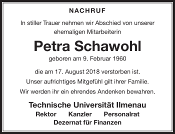 Traueranzeige von Petra Schawohl von Südthüringer Presse