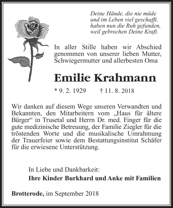 Traueranzeige von Emilie Krahmann von Südthüringer Presse