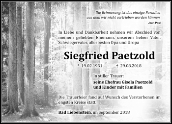Traueranzeige von Siegfried Paetzold von Südthüringer Presse