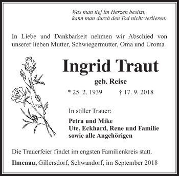 Traueranzeige von Ingrid Traut von Südthüringer Presse
