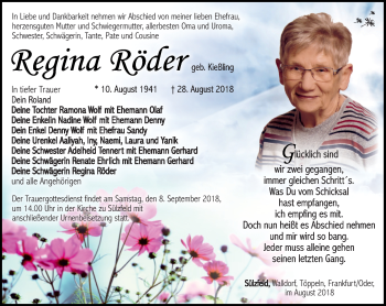 Traueranzeige von Regina Röder von Südthüringer Presse