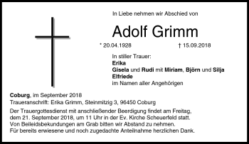 Traueranzeige von Adolf Grimm von Neue Presse Coburg