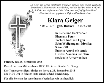 Traueranzeige von Klara Geiger von Neue Presse Coburg