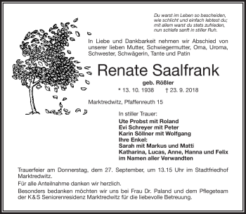 Traueranzeige von Renate Saalfrank von Frankenpost