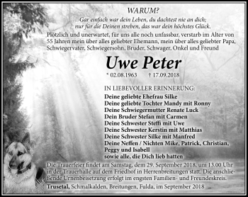 Traueranzeige von Peter Uwe von Südthüringer Presse