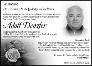 Traueranzeige von Adolf Dengler von Südthüringer Presse
