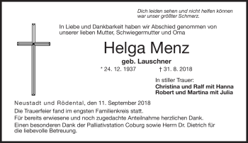 Traueranzeige von Helga Menz von Neue Presse Coburg