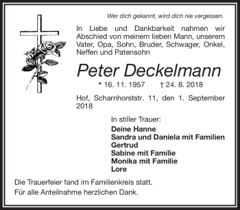 Traueranzeige von Peter Deckelmann von Frankenpost