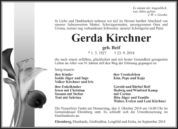 Traueranzeige von Gerda Kirchner von Südthüringer Presse