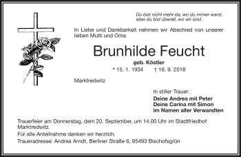 Traueranzeige von Brunhilde Feucht von Frankenpost